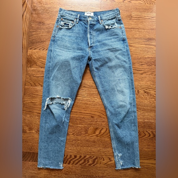 AGOLDE Feel Good Distressed Denim Blue Jeans Raw Hem Organic Cotton High Rise 27 - Picture 1 of 12
